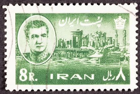 Iranian Postage Stamp Shah, and the palace started by Persian Emperor Darius and continued by his son Xerxes, in Persepolis.の写真素材