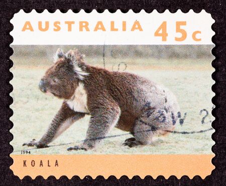 Canceled Australian Postage Stamp Koala Bear Sitting on Grassy Groundの写真素材