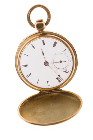 Open gold pocket watch isolated on white.の写真素材