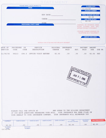Paper medical bill from Doctor's office to patient stamped received with a date.