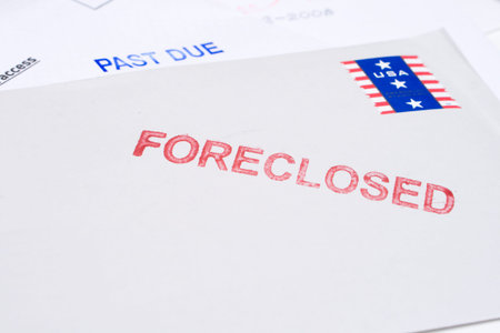 Small group of envelopes marked PAST DUE and FORECLOSED.  Suggesting tough economic times US.の写真素材