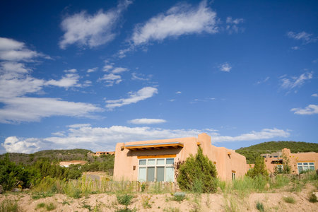 Modern adobe home in Santa Fe, New Mexico, USA.  Wide angle lens.の写真素材