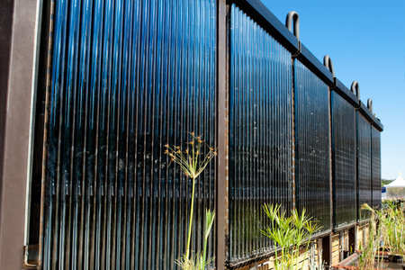 The black tubes contain a fluid that gets heated by sunlight which can then be used for home hot water or for radiant heating.  The plants in the foreground are part of gray water recovery system.の写真素材