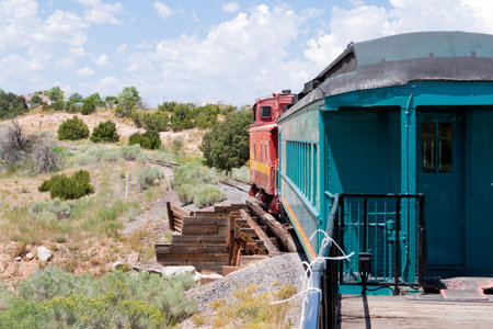 Vintage Rail Car and Caboose in the desert south of Santa Fe, New Mexico