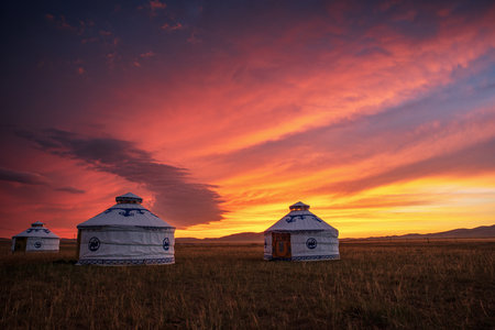 Yurts in the sunsetの写真素材
