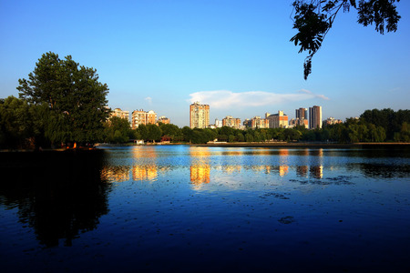 Lakeside scenery in summer eveningの写真素材