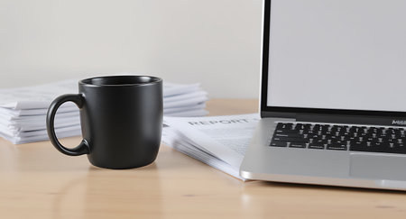 Laptop and coffee cup on wood table with blur document background.