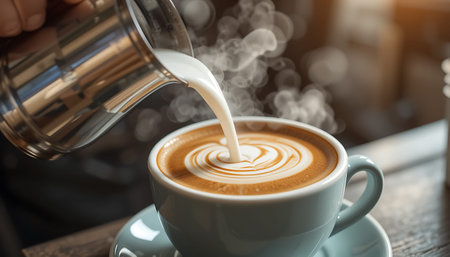 Barista pouring milk into cup of hot latte art coffee.