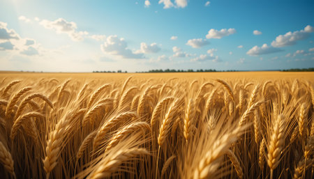 Wheat field. Ears of golden wheat close-up. Rich harvest Concept.の素材