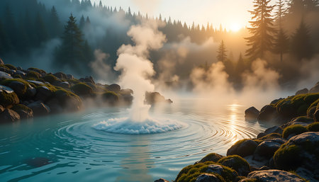 Sunrise over a geyser in Yellowstone National Park, Wyomingの素材