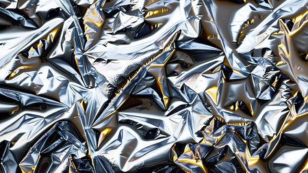 A detailed, close-up view of crumpled metallic foil with a reflective surface. This abstract texture features striking highlights and shadows, making it ideal for modern design, backgrounds, or artistic projects.の素材