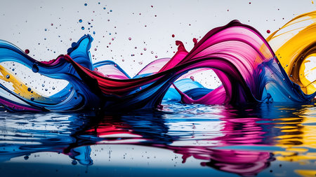 Abstract image featuring vibrant blue, pink, and yellow liquid waves splashing and reflecting in water. Ideal for backgrounds, artistic designs, and modern technology concepts.の素材