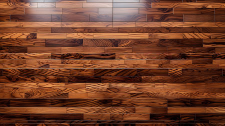 A close-up view of elegant wooden planks arranged in a pattern, featuring rich brown tones and distinct grain. Ideal for interior design concepts, backgrounds, or architectural materials.の素材