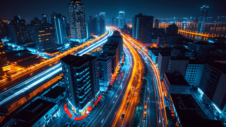 An aerial long exposure shot captures a vibrant cityscape at night, featuring glowing light trails on a multi-lane highway.
This image is ideal for themes of technology, urban life, innovation, or future concepts.の素材