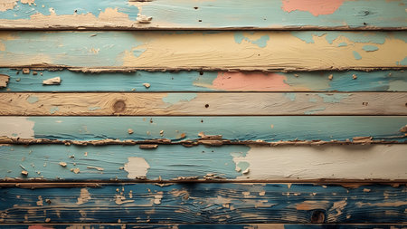 Close-up of weathered wooden planks with layers of peeling, chipped paint in blues, beiges, and pinks. Ideal for rustic backgrounds, vintage themes, or texture overlays.の素材