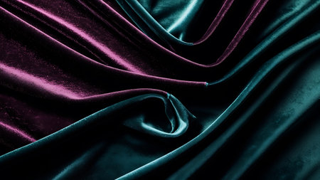Luxurious folds of velvet fabric intertwine in rich purple and deep teal colors, creating a dynamic and elegant texture. This abstract background is perfect for design, fashion, and sophisticated digital projects.の素材