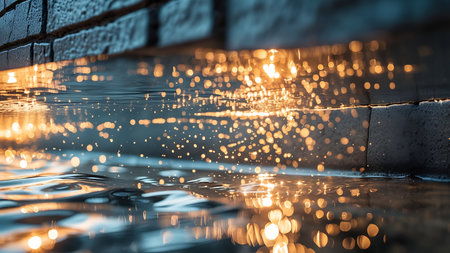 An abstract close-up of golden light creating shimmering bokeh effects on the surface of rippling water. The image features a dark textured background, ideal for modern design or conceptual visuals.の素材