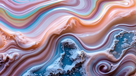 A vibrant abstract background featuring swirling fluid patterns in pastel pink, blue, orange, and purple hues with textured granular areas. Ideal for creative designs, digital art, or modern website backgrounds.の素材