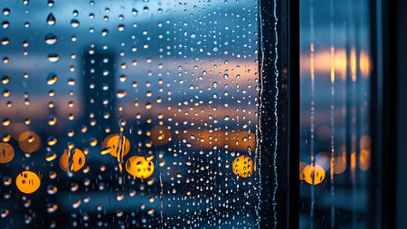 Close-up of raindrops on a window pane with blurred city lights creating a beautiful bokeh effect in the background. Perfect for atmospheric backgrounds, mood-setting designs, or weather-related themes.の素材