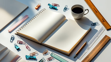 Organized flat lay of a blank notebook, coffee, and colorful stationery on a bright white desk,...