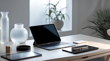 A clean and modern minimalist desk setup with a laptop, tablets, and decorative vases, bathed in...