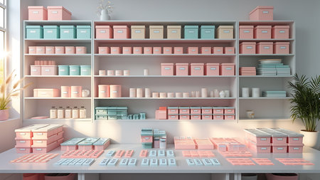 A beautifully organized room featuring white shelves packed with pastel pink and mint green storage...