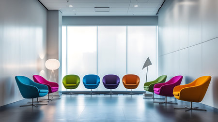 Vibrant armchairs in a modern, minimalist waiting area, showcasing contemporary interior design with bright colors and clean lines, perfect for an office or lounge.の写真素材