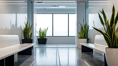A modern, minimalist office hallway featuring white benches, vibrant snake plants in pots, bright windows, and a polished floor, creating a clean and professional atmosphere.の写真素材