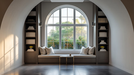 Elegant reading nook with arched window seat, built-in shelves, and a view of lush greenery. Modern,...