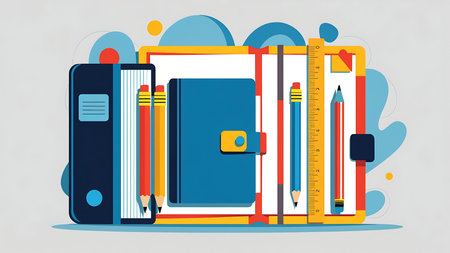 Colorful flat design illustration showcasing essential school and office supplies like books, pencils, a notebook, and a ruler, against an abstract background.の写真素材