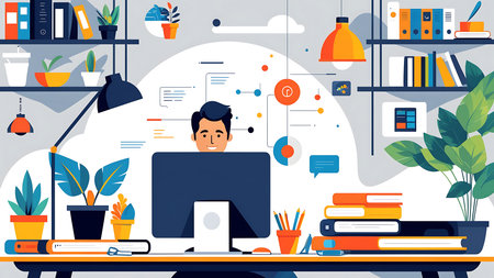 Illustration of a man working productively at a modern home office desk, surrounded by plants and digital workflow elements. Ideal for remote work, business, and technology concepts.の写真素材