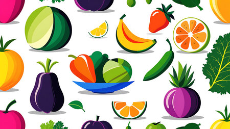 Colorful flat vector illustration showcasing a vibrant assortment of fresh fruits and vegetables on...
