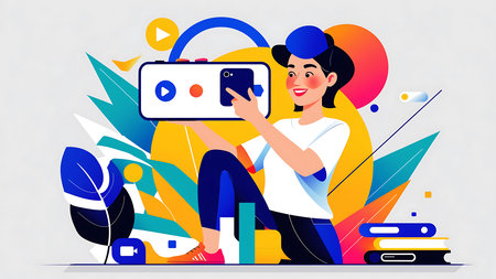 A vibrant illustration of a smiling woman creating video content on a large mobile device, surrounded by colorful abstract leaves and digital elements.の写真素材