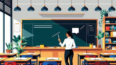 A female teacher stands at a chalkboard in a modern, well-lit classroom with student desks, potted...
