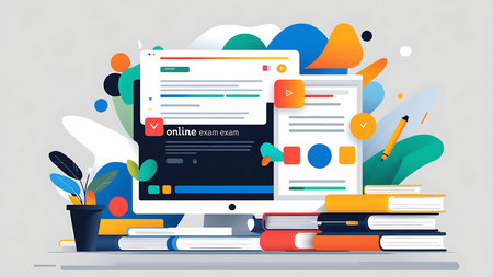 Vibrant illustration of online learning and digital education, featuring a computer monitor displaying an online exam, books, and abstract colorful elements.の写真素材