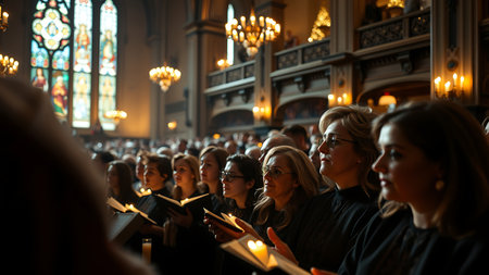 Congregation with candles and hymnals in a grand church, bathed in warm light from stained glass windows and ornate chandeliers.の素材