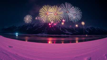Spectacular fireworks illuminate a snowy mountain landscape, reflecting vibrant colors on a frozen lake during a festive winter night, creating a magical wide-angle panorama.の素材