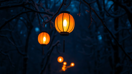Glowing orange lanterns illuminate a dark, snowy winter night, hanging from frost-dusted tree branches creating a serene and festive ambiance.の素材