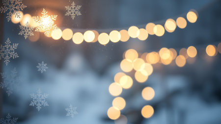 Festive winter background with glowing bokeh lights and elegant snowflakes, perfect for holiday greetings and seasonal designs.の素材