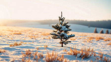 Small pine tree covered in snow on a serene winter field during golden hour, bathed in warm, soft light with long shadows.の素材
