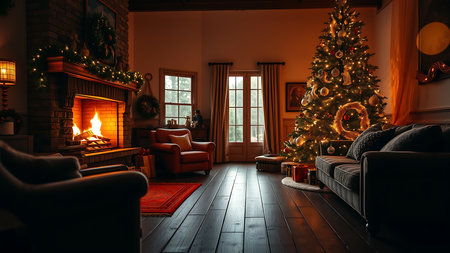 A cozy living room adorned for Christmas with a sparkling tree, lit fireplace, and warm ambiance, creating a perfect festive holiday atmosphere.の素材