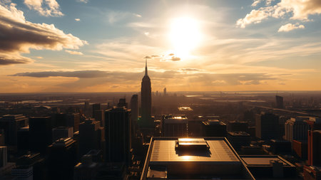 New York City skyline at sunset. Aerial view of the city with iconic buildings and a beautiful sky.の素材