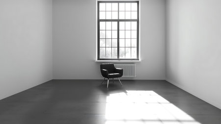 Minimalist interior with a black armchair by a window. Modern and bright.の素材