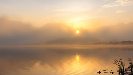 Serene sunrise over a calm lake with mountains in the background and reflections in the water.の素材