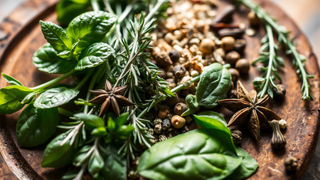 Fresh herbs and spices on a wooden board, ready for cooking. Aromatic ingredients for culinary delights.の素材