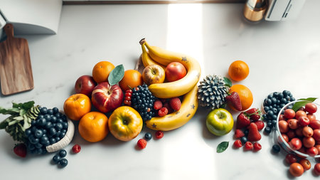 A vibrant assortment of fresh fruits on a white marble surface, top view.の素材