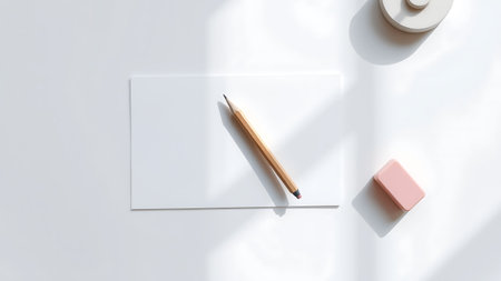 Minimalist workspace with blank paper, pencil, and eraser on a white surface. Top view, clean aesthetic.の素材
