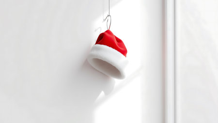 Festive Santa hat hangs on a white wall, minimalist holiday decor.の素材
