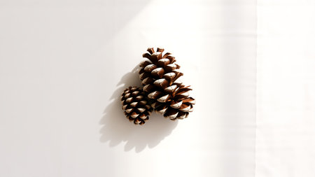 Pine cones on a white background, illuminated by sunlight, casting soft shadows.の素材