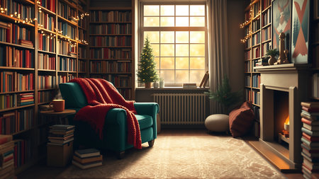 Cozy library interior with armchair, fireplace and Christmas tree.の素材